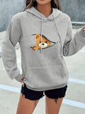 Grey Cartoon Bear Printed Hoodie For Woman