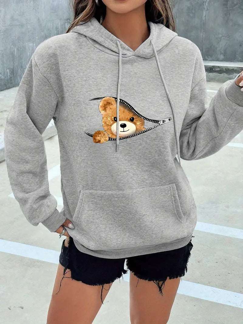 Grey Cartoon Bear Printed Hoodie For Woman